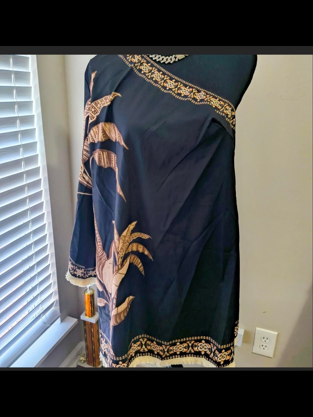 One-Shoulder  Dress with Gold Botanical Print
